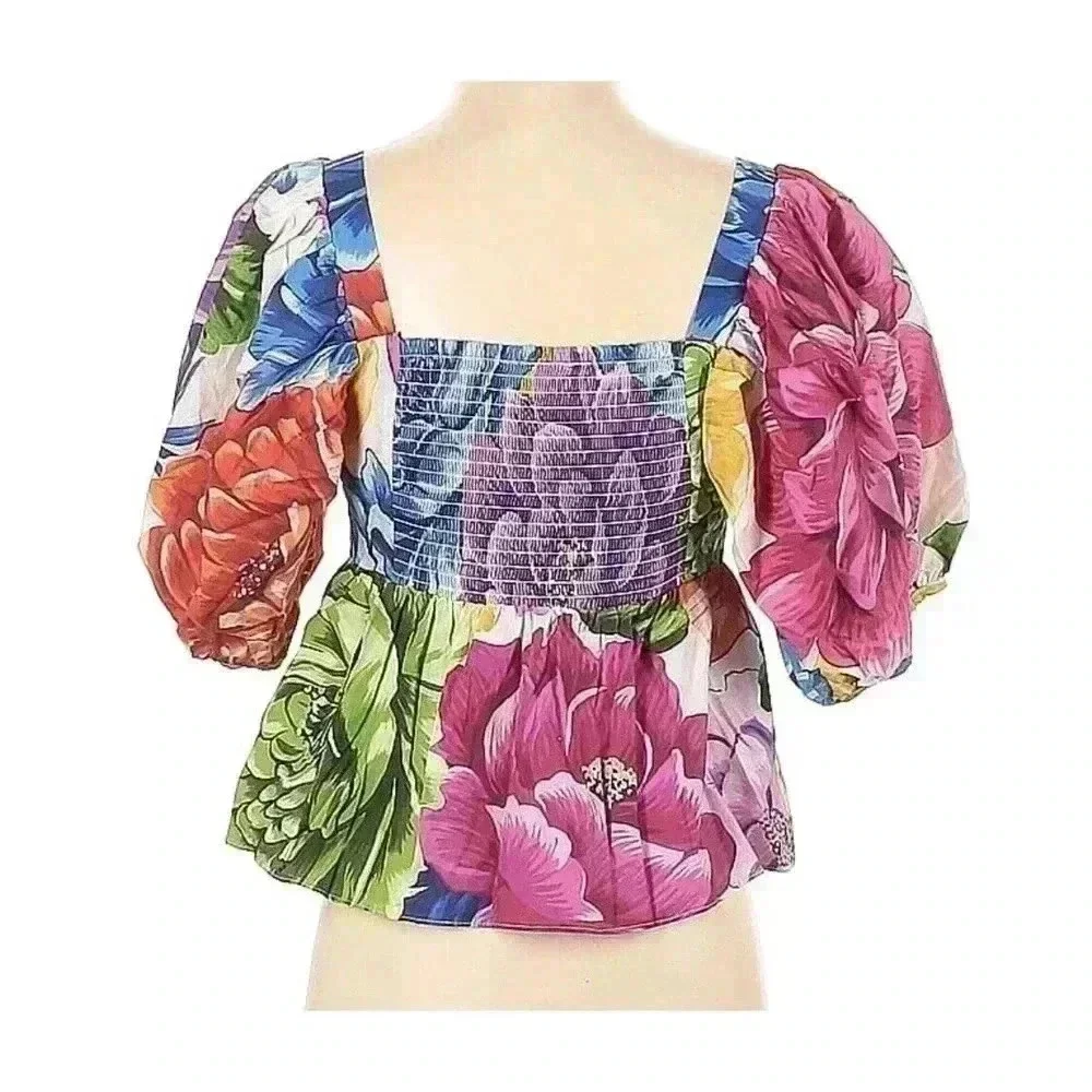 Farm Rio Rainbow Chita Empire Waist Blouse XS 0 2 Puff Sleeve Top Floral Square